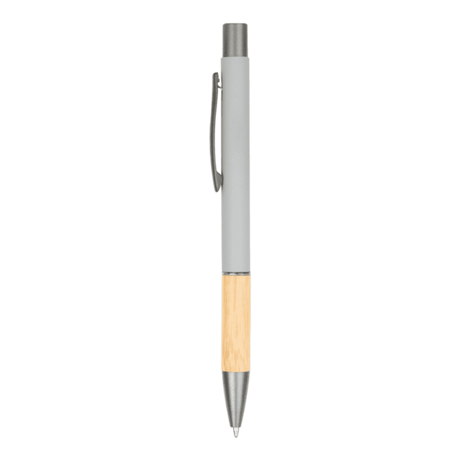 A metal pen with a grey upper section and a bamboo lower section, featuring a silver clip and tip.