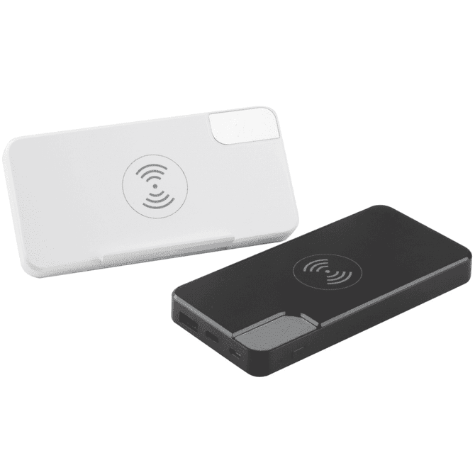 A black and white powerbank with a wireless charging feature and a logo on the surface.