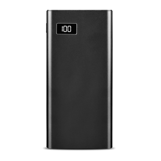 A power bank in black with a digital display indicating battery life. It has a sleek, minimalist design.