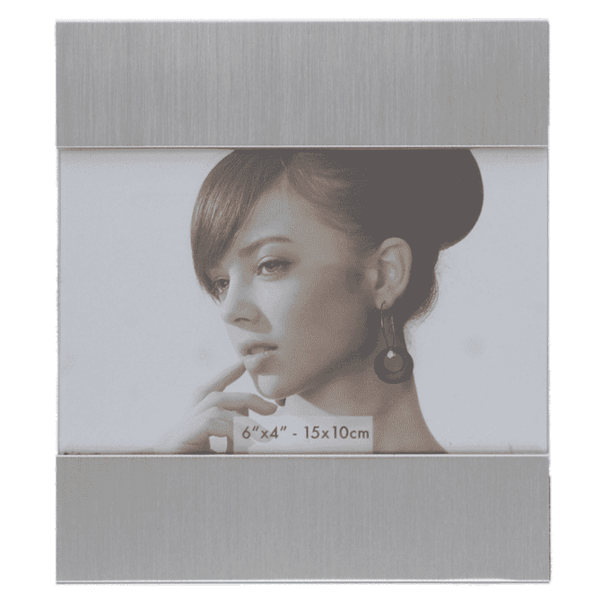 A silver photo frame designed for 6"x4" photos, featuring a sleek and modern style.