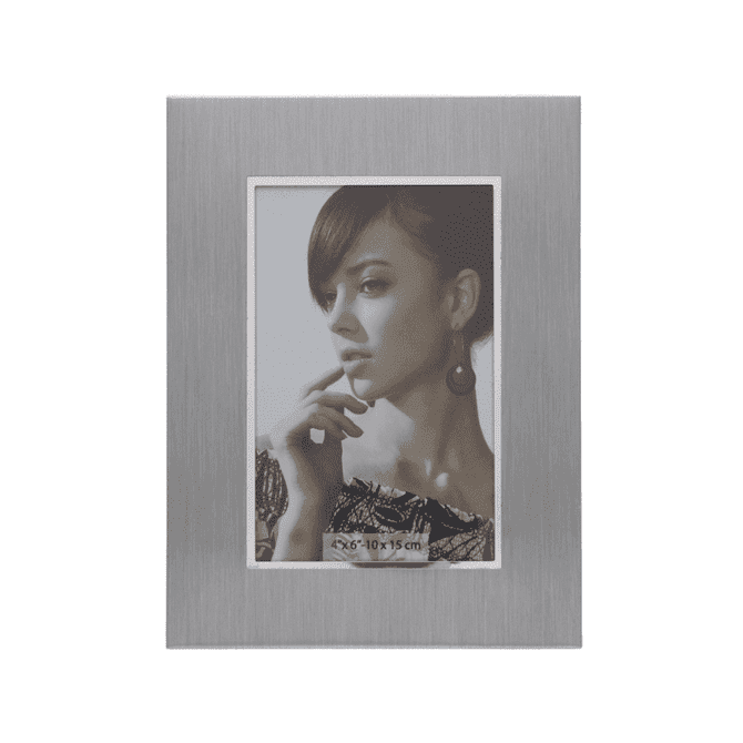 A silver photo frame featuring a portrait-style image, suitable for 10 x 15 cm photographs.