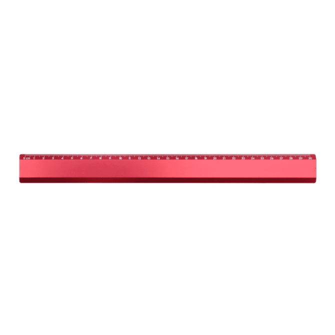 A red ruler with measurement markings, featuring a smooth finish and a logo.