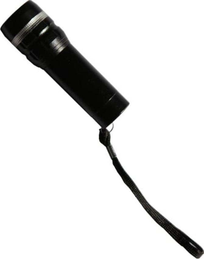 A black flashlight with a textured surface and a wrist strap attached. It features a sleek design for portability. A black flashlight with a textured surface and a wrist strap attached. It features a sleek design for portability.