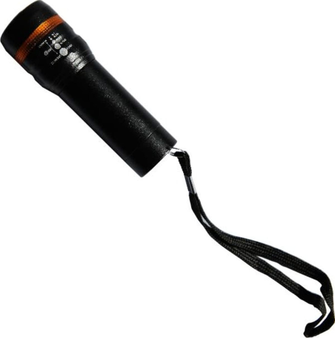 A black flashlight with an orange band, featuring a wrist strap for easy carrying. A black flashlight with an orange band, featuring a wrist strap for easy carrying.
