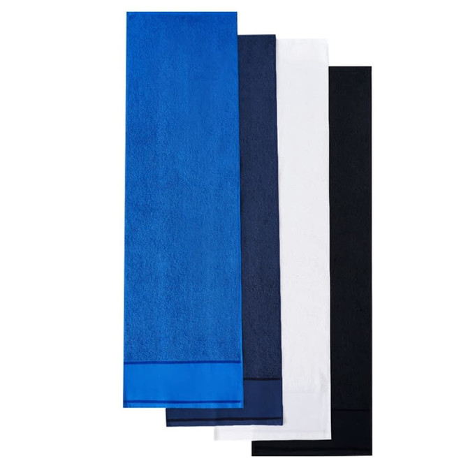 A set of four gym towels in blue, navy, white, and black, featuring a logo on one. A set of four gym towels in blue, navy, white, and black, featuring a logo on one.