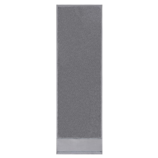 A grey cotton gym towel with a textured surface and a logo at the bottom.