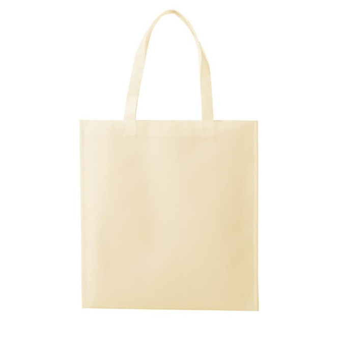 A plain cream non-woven tote bag with twin handles and a simple design. It features a logo on one side.
