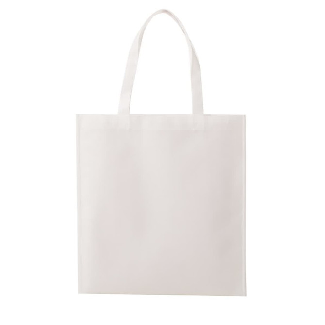 A white non-woven tote bag with two handles and a blank design, featuring a visible logo.