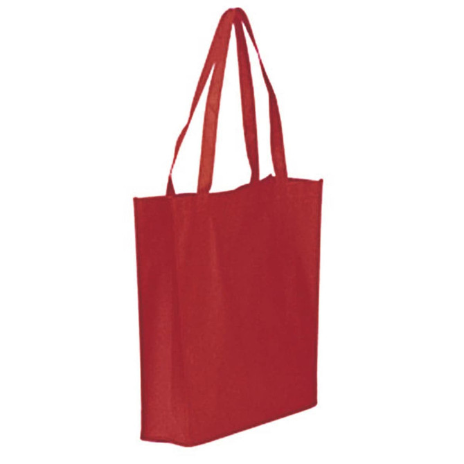 A red tote bag with long handles and a simple design, featuring a logo on one side.