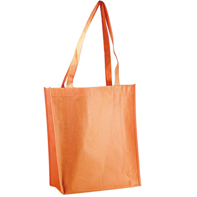 An orange tote bag with long handles and a simple design. It features a logo on one side.