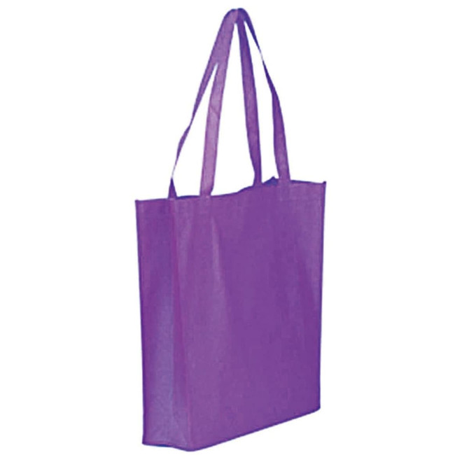 A purple tote bag with two handles and a plain design, featuring a logo on one side.