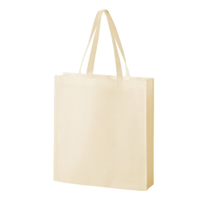 A beige non-woven tote bag with two handles and a simple design, featuring a logo.