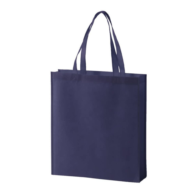 A navy blue non-woven tote bag with dual handles and a simple design, featuring a logo.