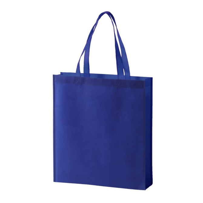 A blue non-woven tote bag with two handles and a simple, unembellished design. It features a logo.
