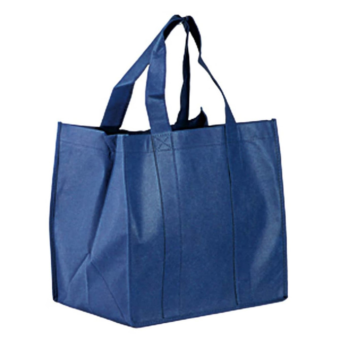 A dark blue tote bag with two sturdy handles and a spacious design for carrying.