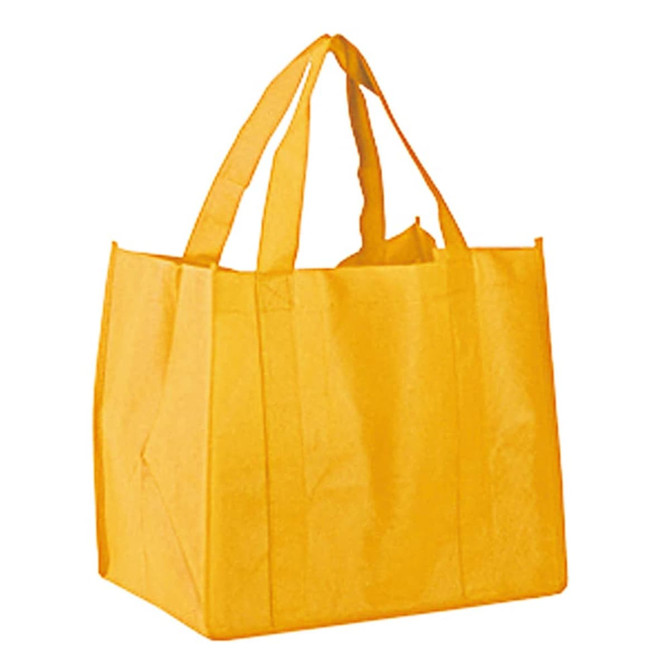 A yellow tote bag with dual handles and a spacious design, featuring a simple structural style.