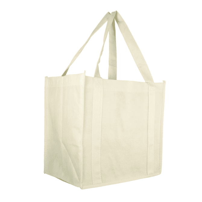 A tote bag in a light cream colour with long handles and a rectangular shape. It has a simple design with no visible branding.