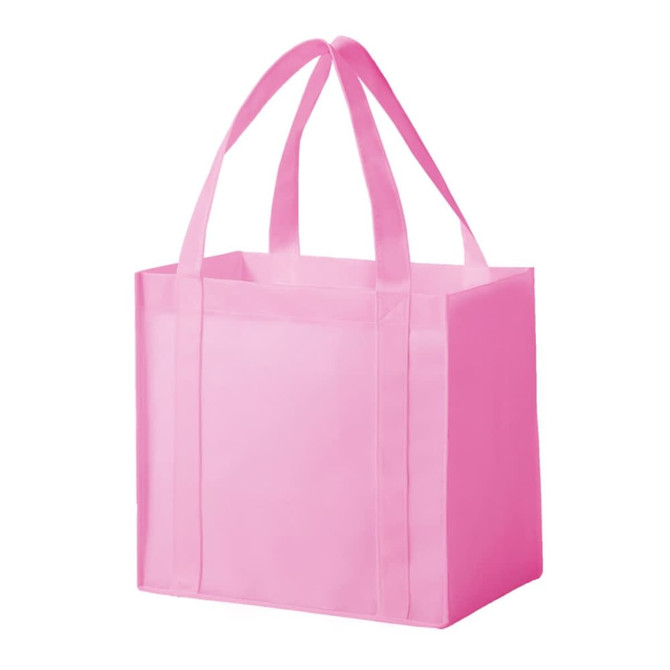 A pink non-woven tote bag with sturdy handles and a rectangular shape. It features a branding logo.