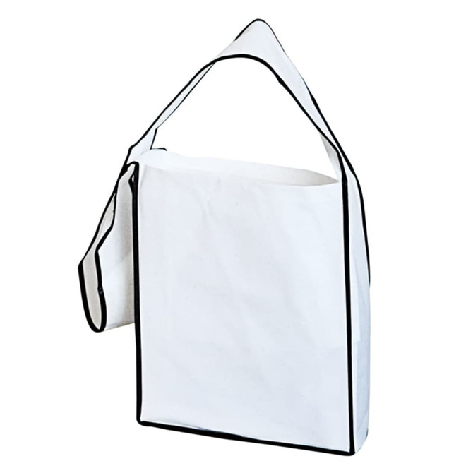 A white tote bag with black trim and a shoulder strap, featuring a simple and modern design.