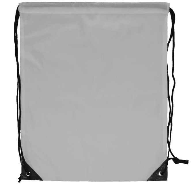 A grey drawstring backpack with black corners and ropes, designed for carrying items easily.
