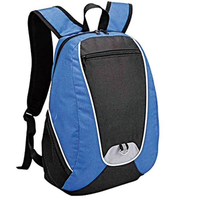A backpack featuring black and blue panels, with adjustable straps and a front zip pocket. It includes a logo.