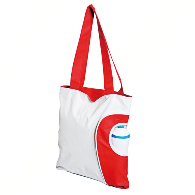 A reusable grocery bag in red and white with a side pocket for a drink bottle and a logo.