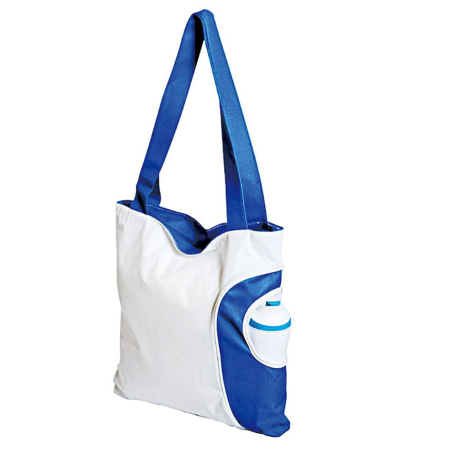 A reusable grocery bag in white with a blue accent and a side pocket for a drink bottle. Features a logo.
