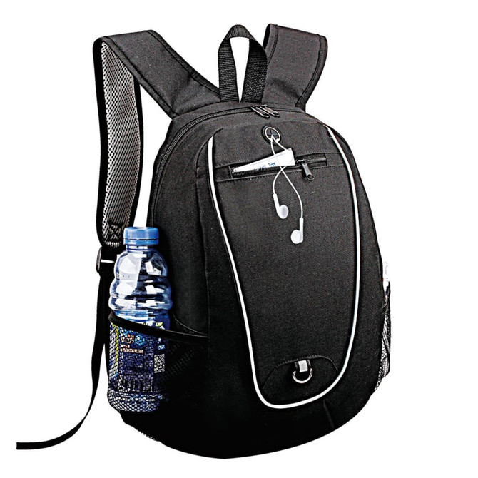 A black backpack featuring a water bottle in its side pocket and earphones attached. It has a sleek design and mesh details.