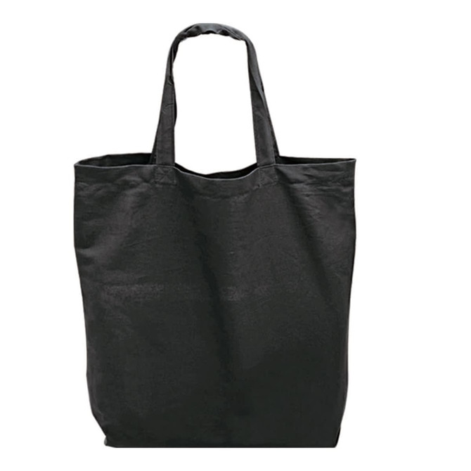 A tote bag in black fabric with two handles, suitable for carrying various items.