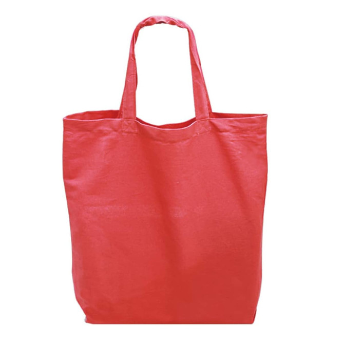 A tote bag in a vibrant coral colour with two handles and a simple design. It features a logo.