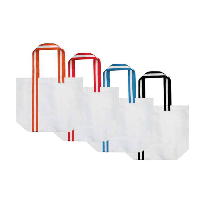 A set of four tote bags in white, featuring bright striped handles in orange, red, blue, and black. Each bag has a logo.