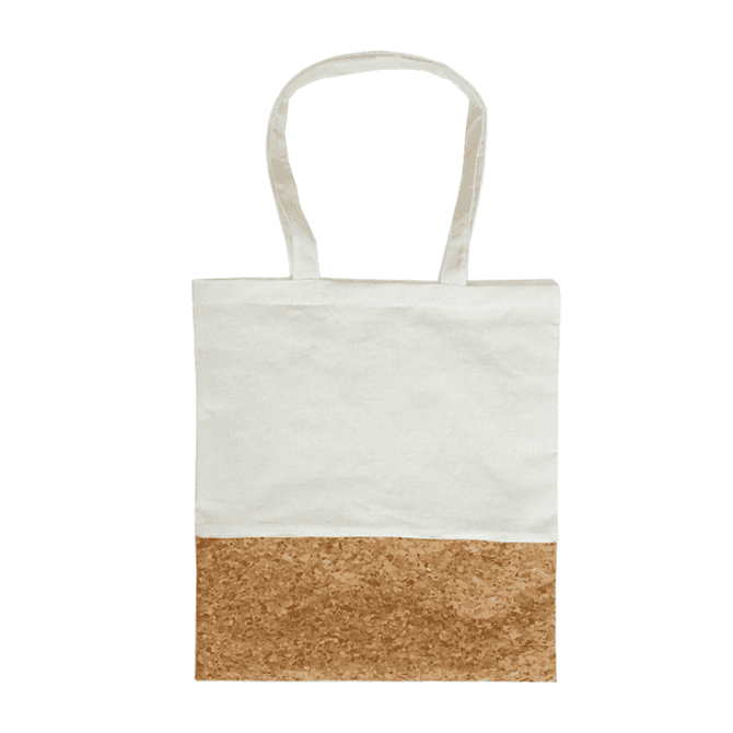 A tote bag featuring a white fabric top and a cork bottom, with two shoulder straps.