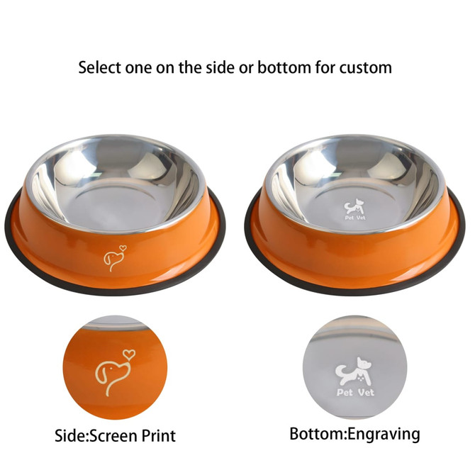 A pet feeding bowl with an orange base and stainless steel interior, featuring a logo on the bottom and customizable options.