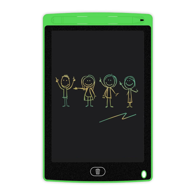 An LCD writing drawing tablet with a black screen and a bright green frame, featuring colourful doodles.
