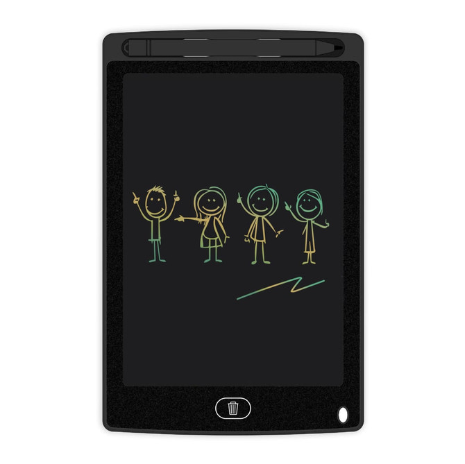 An LCD writing tablet in black, featuring colourful drawings of stick figures on its screen.