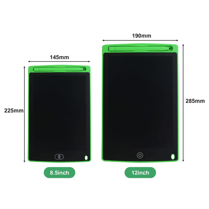 Two LCD writing drawing tablets displayed side by side, one black with a green border, the other black with a larger green border.