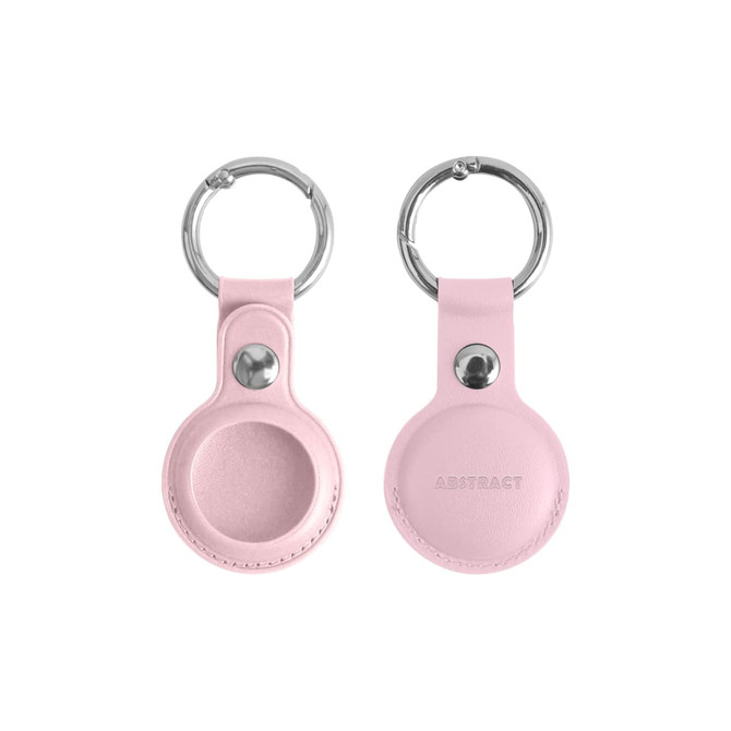 A pink PU leather AirTag holder with a keyring, featuring a smooth finish and a metal snap button.