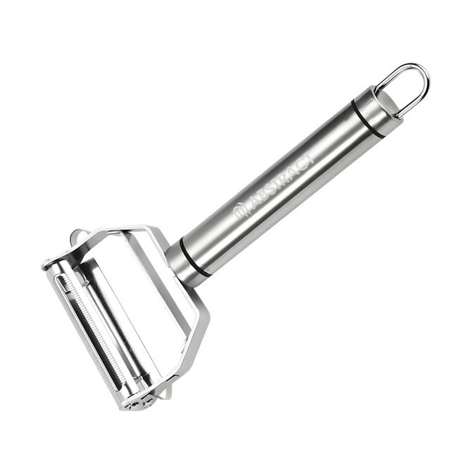 A stainless steel vegetable peeler with a sturdy handle and a loop for hanging.