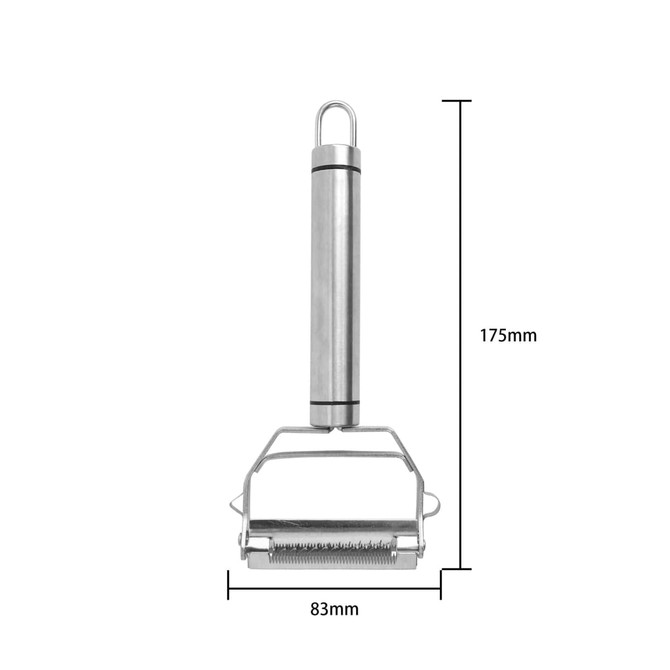 A stainless steel vegetable peeler with a sleek design, featuring dimensions of 175mm and 83mm. It includes a logo.