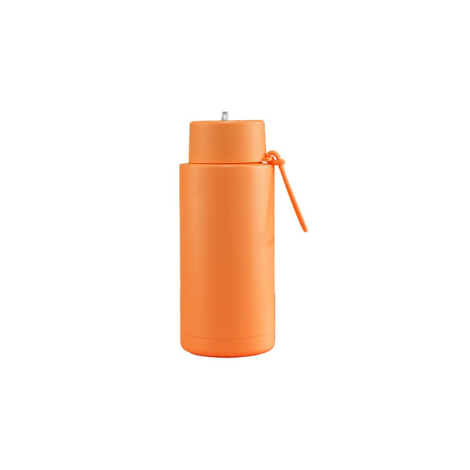 An orange 1L stainless steel drink bottle with a straw lid and a carry handle. It features a logo.