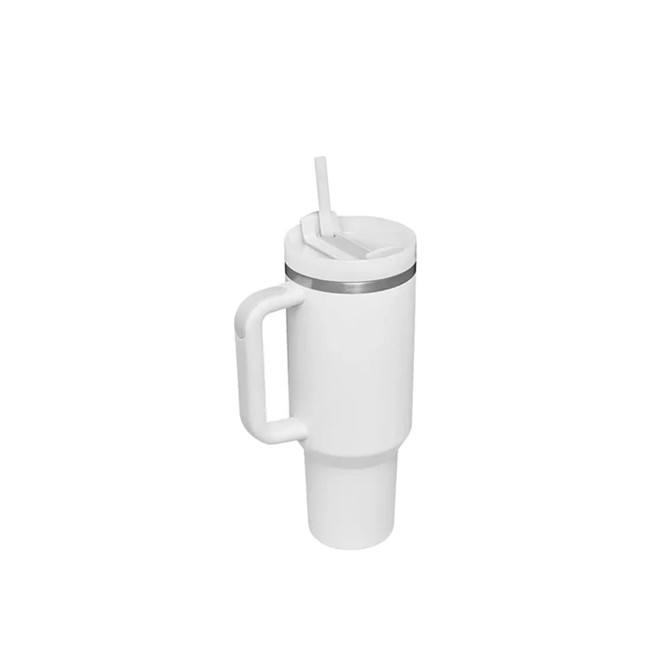 A white 1.2L stainless steel tumbler with a lid, straw, and a handle. Features a logo on the side.