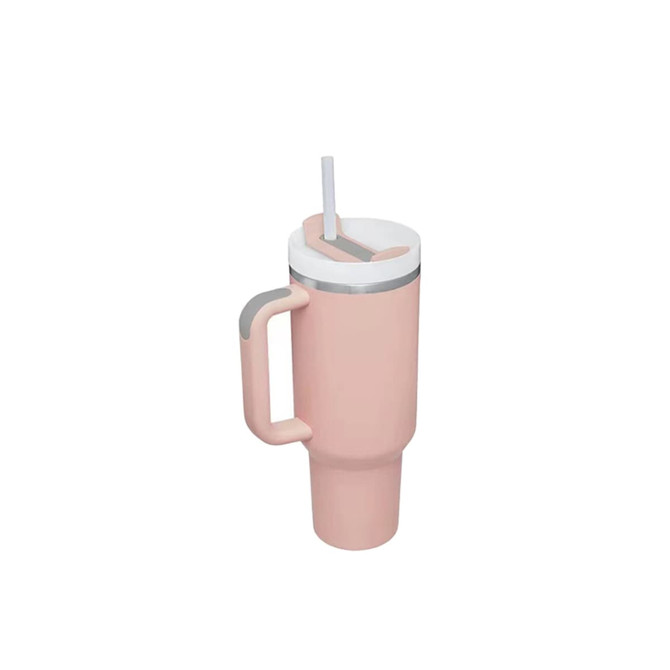 A drink bottle made of stainless steel, featuring a light pink body, a lid, a straw, and a handle.