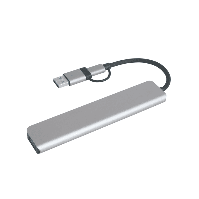 A silver 7-in-1 USB hub with a black cable attached, featuring a USB connector.