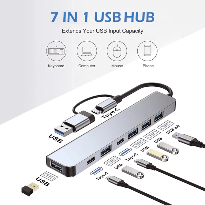 A silver 7 in 1 USB hub with multiple ports, including USB 3.0 and Type-C, against a white background.