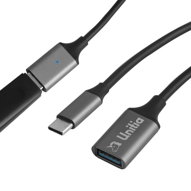 A grey USB 3.0 to USB C OTG adapter with a black connector and a logo on the side.