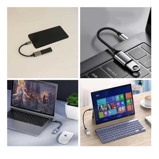 A USB 3.0 to USB C OTG adapter in silver, connecting various devices like a phone, laptop, and tablet.