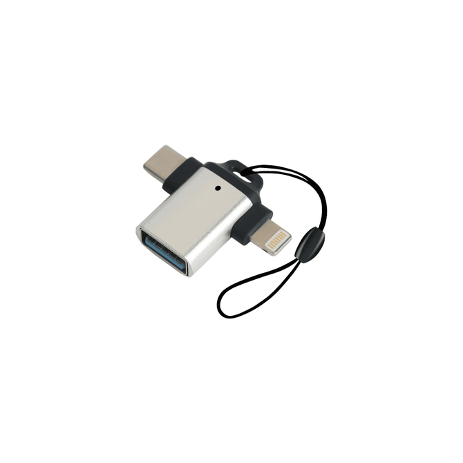 A silver USB 3.0 to USB C Lightning OTG adapter with a black tether.