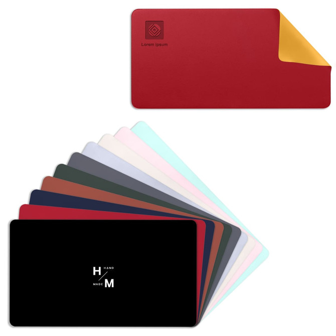 A red and gold PU leather desk mat with a variety of other coloured mats in different shades. The mats feature logos.