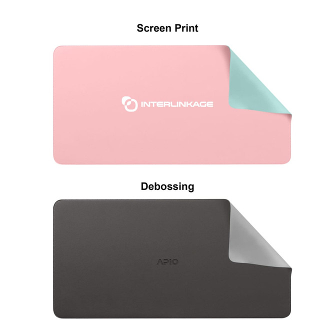 A pink and grey PU leather desk mat with a logo, featuring a smooth, sleek design.