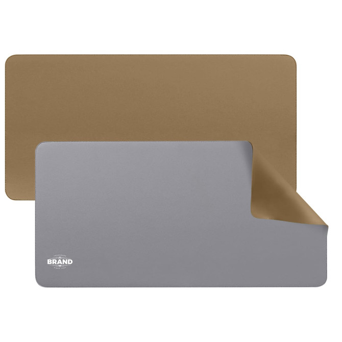 A PU leather desk mat featuring a grey side and a brown side, with a logo present on the grey side.